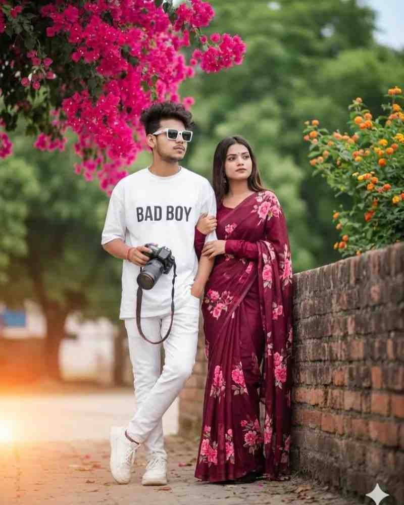 Couple Photo Editing Prompt with Saree and Floral Background