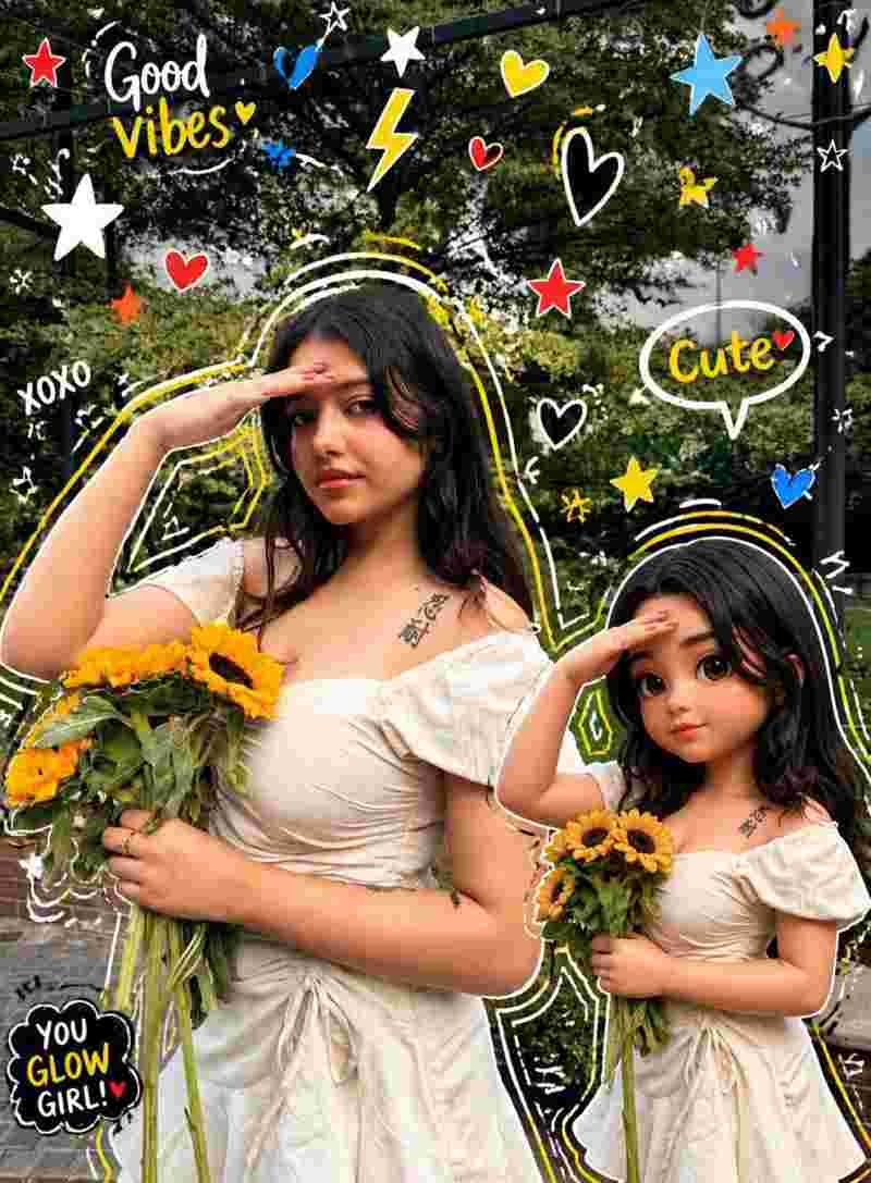 Mixed-Media Portrait with 3D Chibi and Doodle Overlays