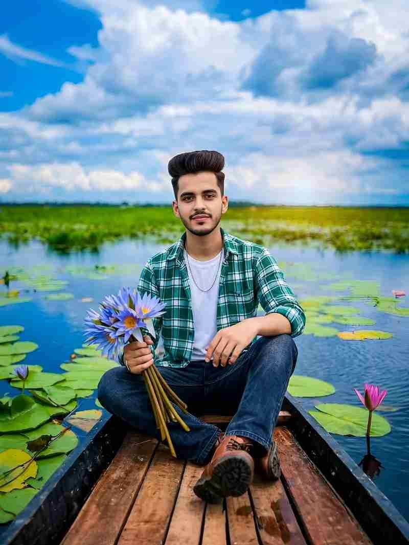 Cinematic AI Portrait: Wooden Boat with Water Lilies